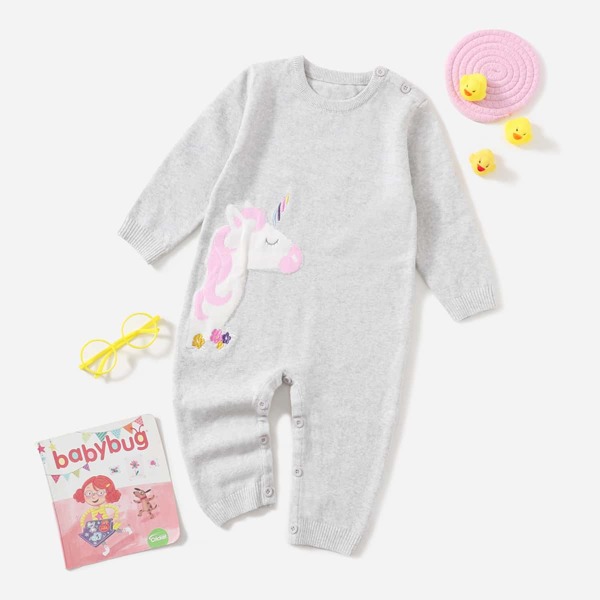 

Baby Unicorn Pattern Knit Jumpsuit, Light grey