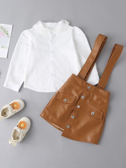 Toddler Girls Lace Trim Blouse & Flap Detail Pinafore Skirt