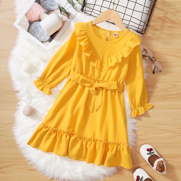 

Toddler Girls Ruffle Trim Self Tie Flowy Dress, Yellow