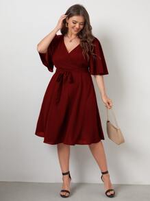 Plus Butterfly Sleeve Self Tie Dress - Burgundy - View 1