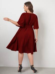 Plus Butterfly Sleeve Self Tie Dress - Burgundy - View 2