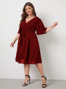 Plus Butterfly Sleeve Self Tie Dress - Burgundy - View 3