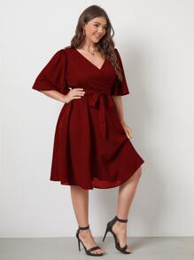 Plus Butterfly Sleeve Self Tie Dress - Burgundy - View 4