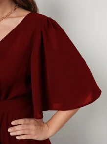 Plus Butterfly Sleeve Self Tie Dress - Burgundy - View 5