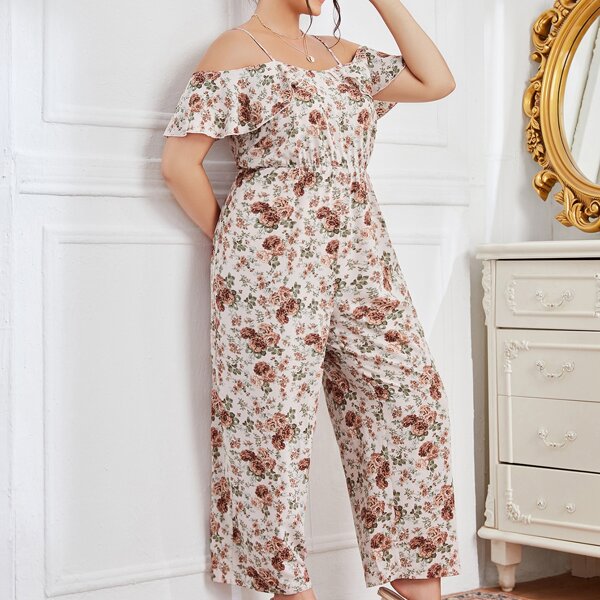 

Plus Allover Floral Cold Shoulder Wide Leg Jumpsuit, Multicolor