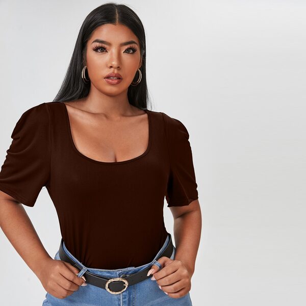 

Plus Solid Puff Sleeve Tee, Brown