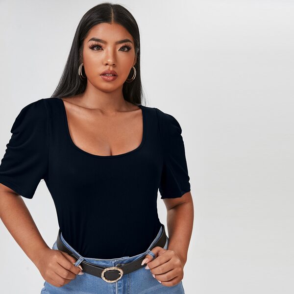 

Plus Solid Puff Sleeve Tee, Navy blue