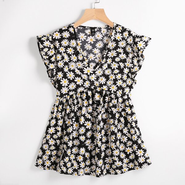

Plus Daisy Print V-Neck Peplum Blouse, Multicolor