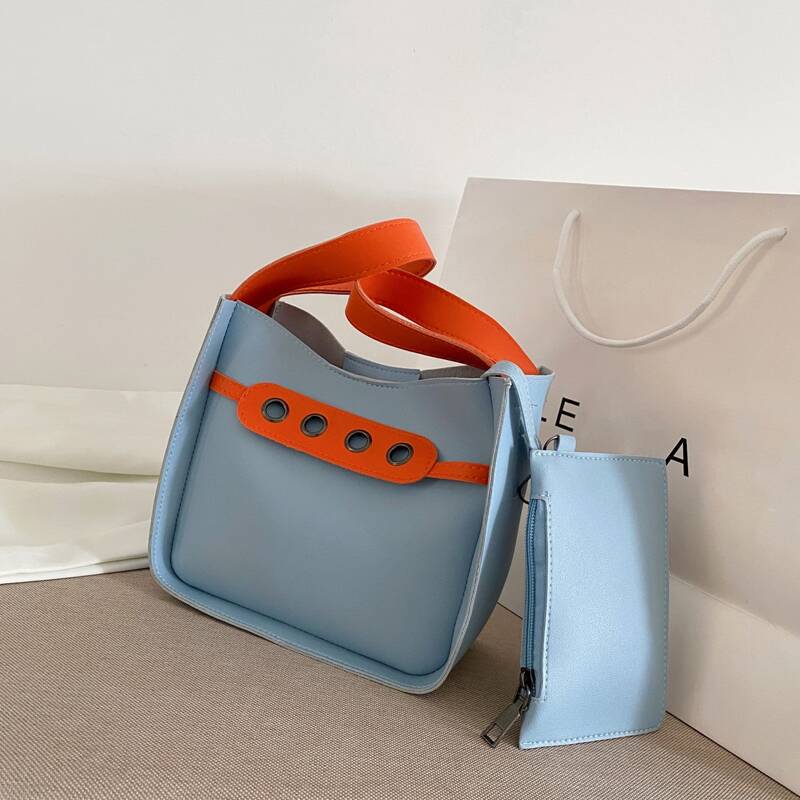 

Eyelet Decor Shoulder Bag With Purse, Blue