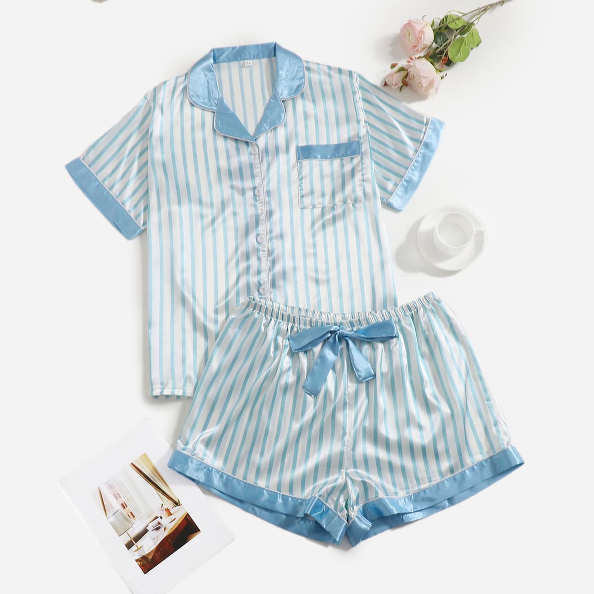 

Plus Striped Satin Pajama Set, Blue and white