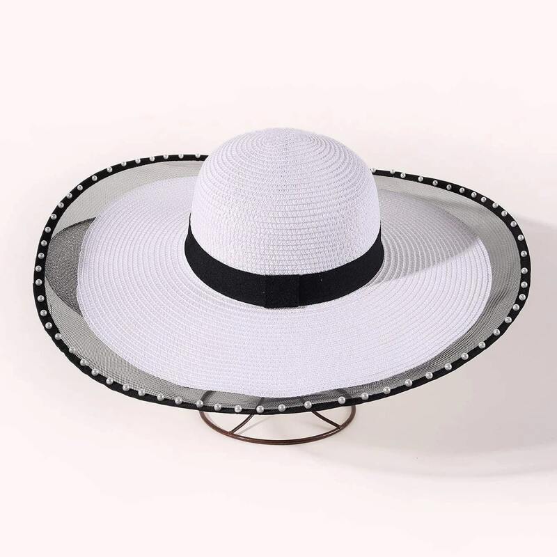 

Faux Pearl Decor Straw Hat, White