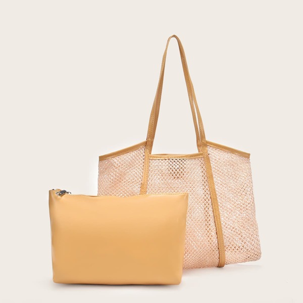 

Straw Design Shoulder Tote Bag With Inner Pouch, Yellow