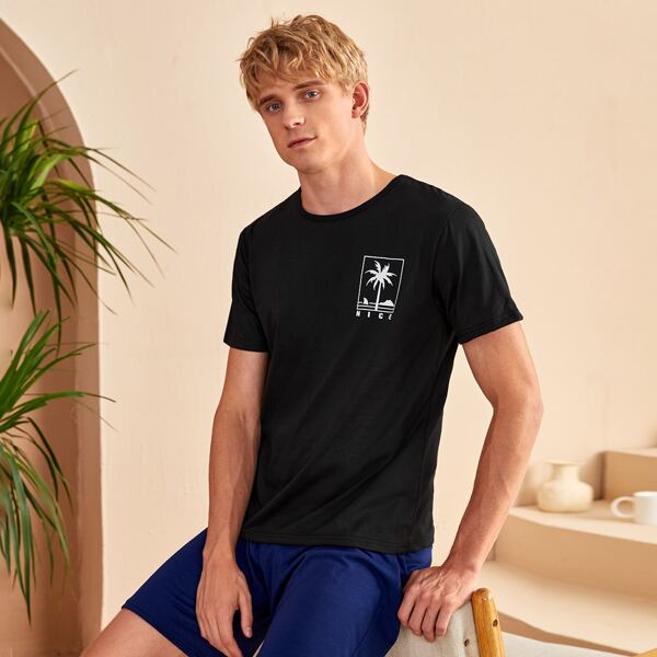 

Men Tropical And Letter Graphic Sleep Tee, Black