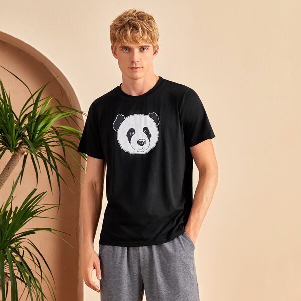 

Men Panda Print Sleep Top, Black