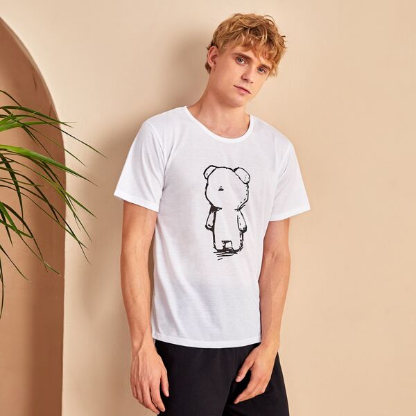 

Men Bear Print Pajama Top, White