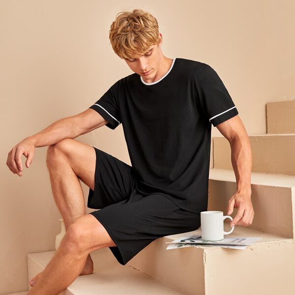 

Men Contrast Binding Slant Pocket PJ Set, Black
