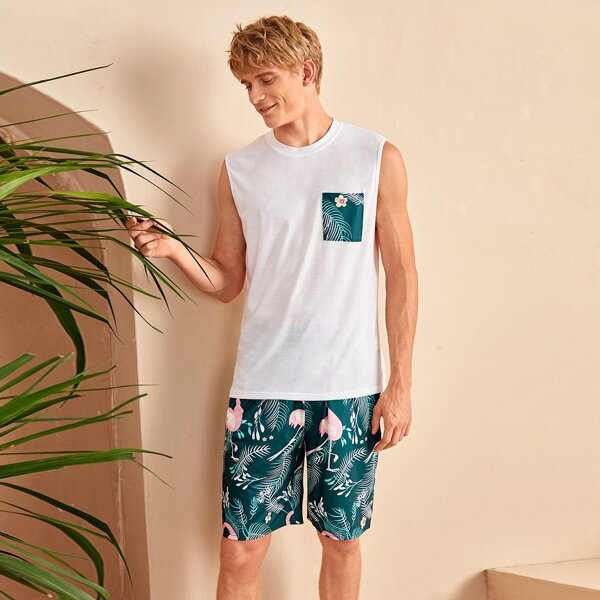 

Men Flamingo & Tropical Print Pocket Front PJ Set, Multicolor