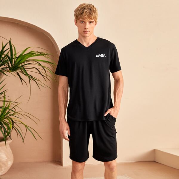 

Men Letter V Neck Lounge Set, Black