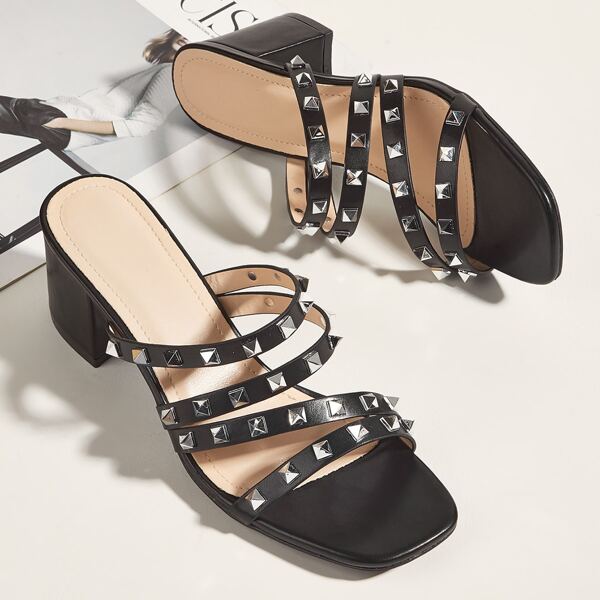 

Studded Decor Strappy Chunky Heeled Mules, Black