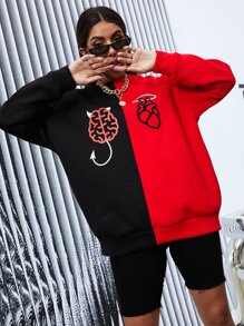 Sudadera dibujo de color combinado de hombros caídos - Multicolor - Ver 2