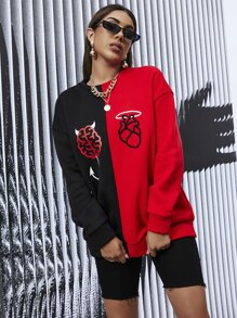 Sudadera dibujo de color combinado de hombros caídos - Multicolor - Ver 4