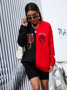 Sudadera dibujo de color combinado de hombros caídos - Multicolor - Ver 5