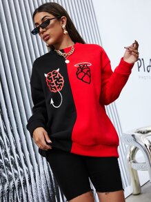 Sudadera dibujo de color combinado de hombros caídos - Multicolor - Ver 6