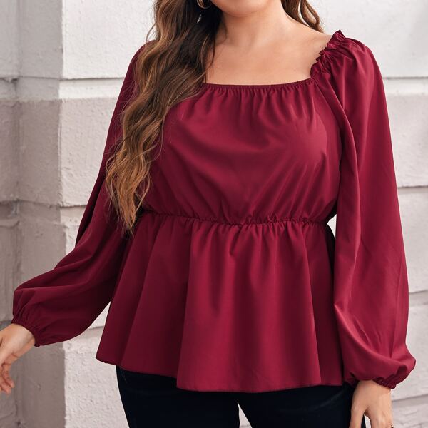 

Plus Lantern Sleeve Peplum Top, Burgundy