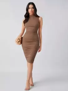 Silquee Mock-neck Ruched Solid Dress - Camel - View 5