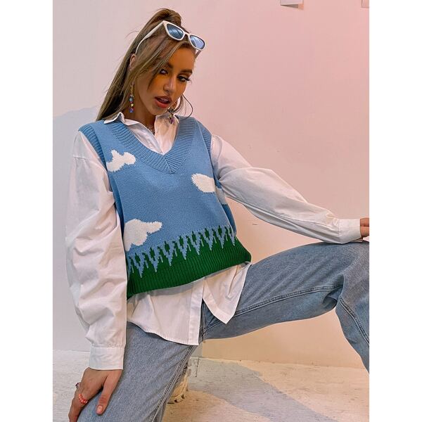 

Cloud & Grass Pattern Sweater Vest Without Blouse, Blue