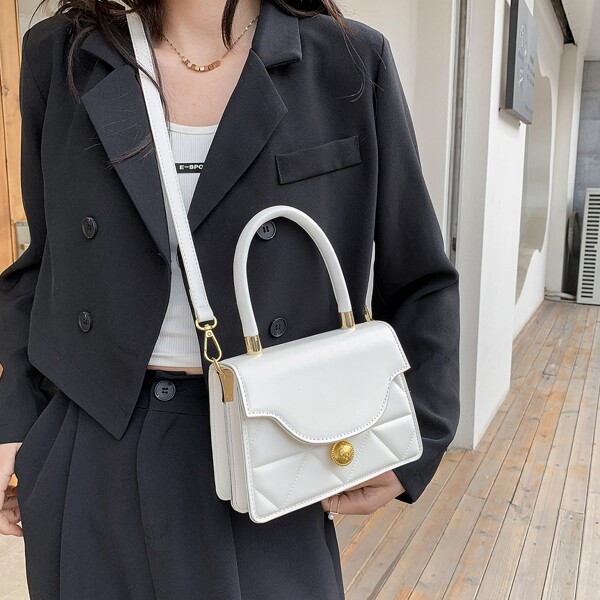 

Minimalist Quilted Embossed Flap Satchel Bag, White