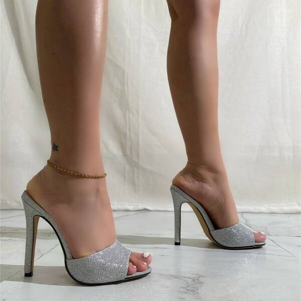 

Metallic Stiletto Heeled Mules, Silver