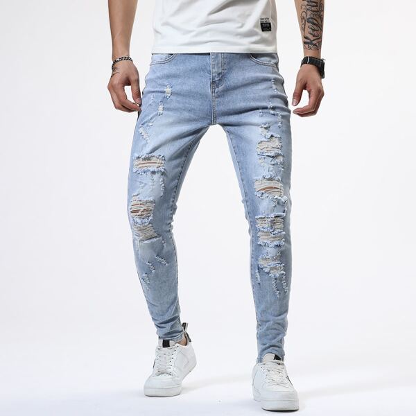 

Men Ripped Washed Tapered Jeans, Light wash