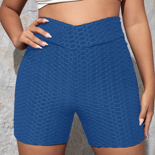 

Plus Honeycomb High Waisted Biker Shorts, Blue