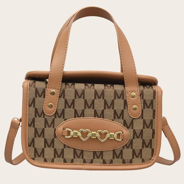 

Metal Decor Letter Graphic Satchel Bag, Brown
