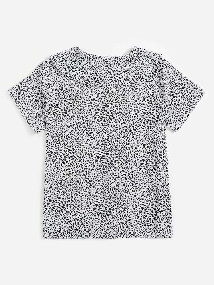 SHEIN LUNE Allover Print Peter Pan Collar Blouse - Black and White - View 2