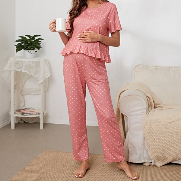 

Maternity Polka Dot Ruffle Trim Top & Adjustable Elastic Waist Pants Lounge Set, Pink