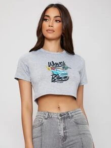 SHEIN Letter & Car Print Crop Tee - Light Grey - View 1