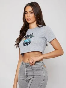 SHEIN Letter & Car Print Crop Tee - Light Grey - View 3