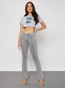 SHEIN Letter & Car Print Crop Tee - Light Grey - View 5