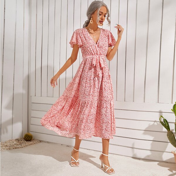 

Bell Sleeve Ruffle Hem Ditsy Floral Dress, Multicolor