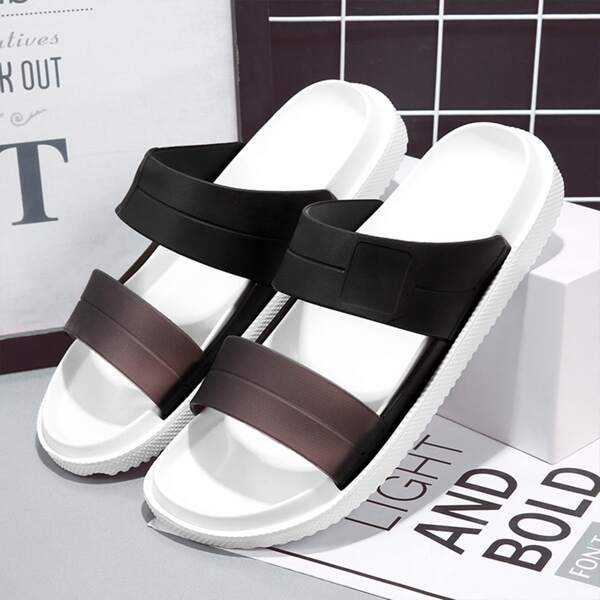

Men Two Tone Double Strap Slides, Black and white