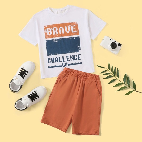 

Boys Letter Graphic Tee & Slant Pocket Shorts Set, Multicolor