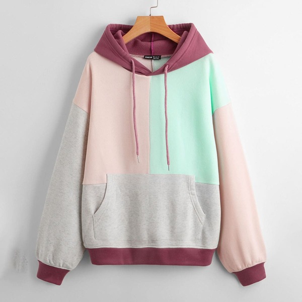 

Color Block Drop Shoulder Kangaroo Pocket Hoodie, Multicolor