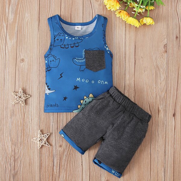 

Baby Boy Dinosaur Print Tank Top With Track Shorts, Multicolor