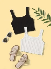 SHEIN 兩件套固色針織背心,採用肋紋設計適用於tween女孩 - 黑與白 - 查看 1