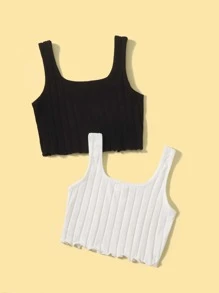 SHEIN 兩件套固色針織背心,採用肋紋設計適用於tween女孩 - 黑與白 - 查看 2