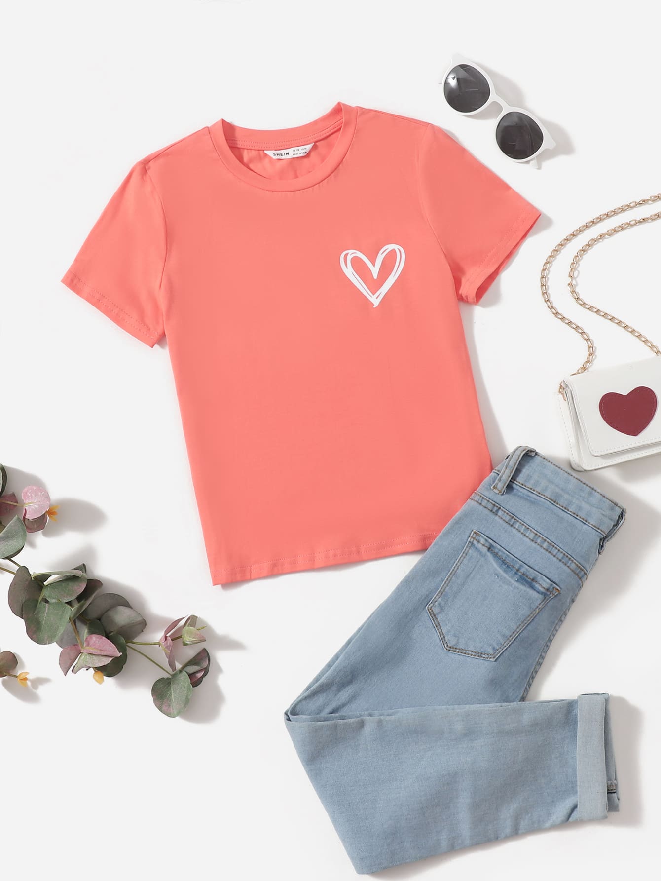 SHEIN Tween Girl Short Sleeve Knit Heart Pattern T-Shirt With Round Neck - Coral Pink - View 1