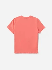 SHEIN Tween Girl Short Sleeve Knit Heart Pattern T-Shirt With Round Neck - Coral Pink - View 2