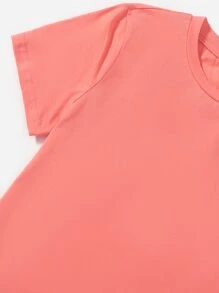 SHEIN Tween Girl Short Sleeve Knit Heart Pattern T-Shirt With Round Neck - Coral Pink - View 3